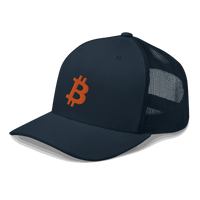 Side view of a navy blue bitcoin trucker cap.