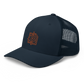 Side view of a navy blue bitcoin trucker cap.