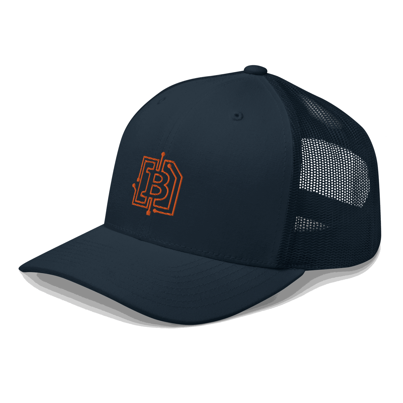 Side view of a navy blue bitcoin trucker cap.