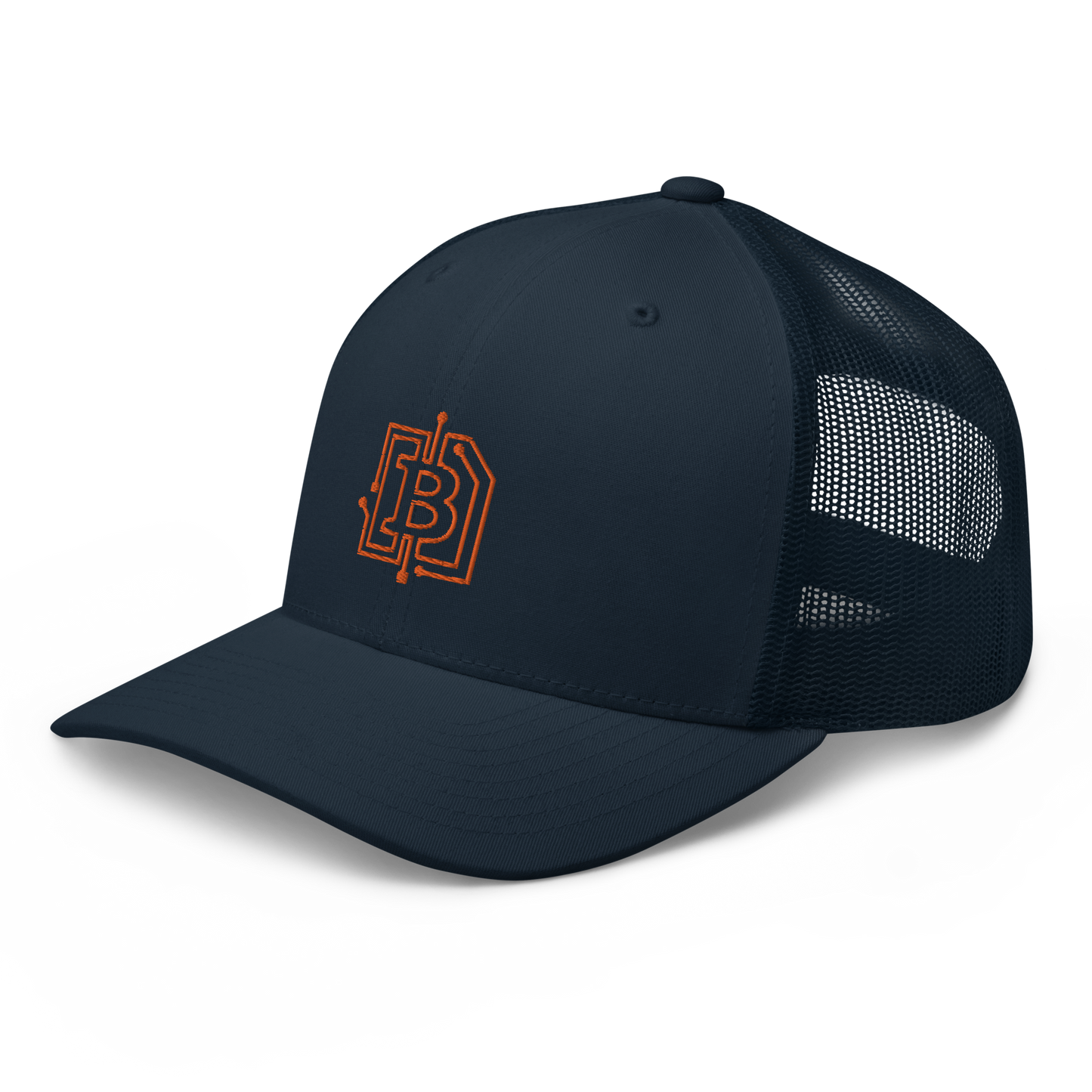 Side view of a navy blue bitcoin trucker cap.