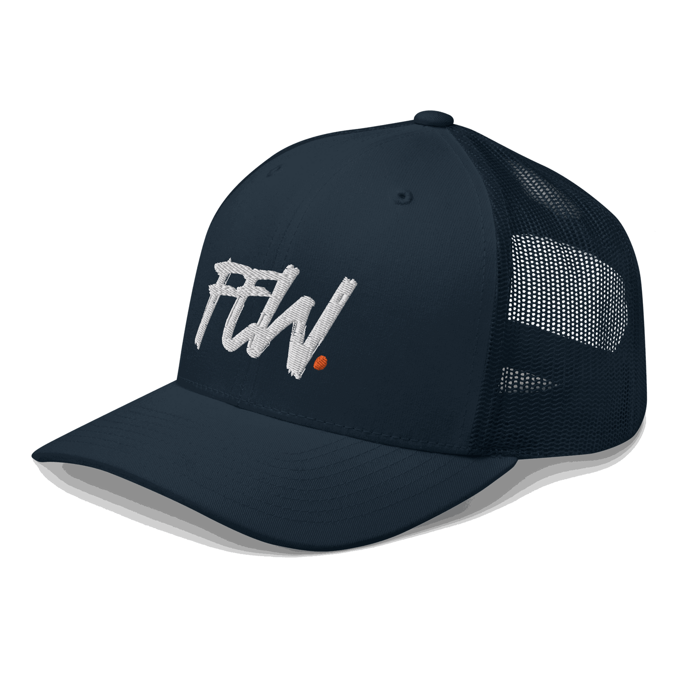 Side view of a navy blue bitcoin trucker cap.