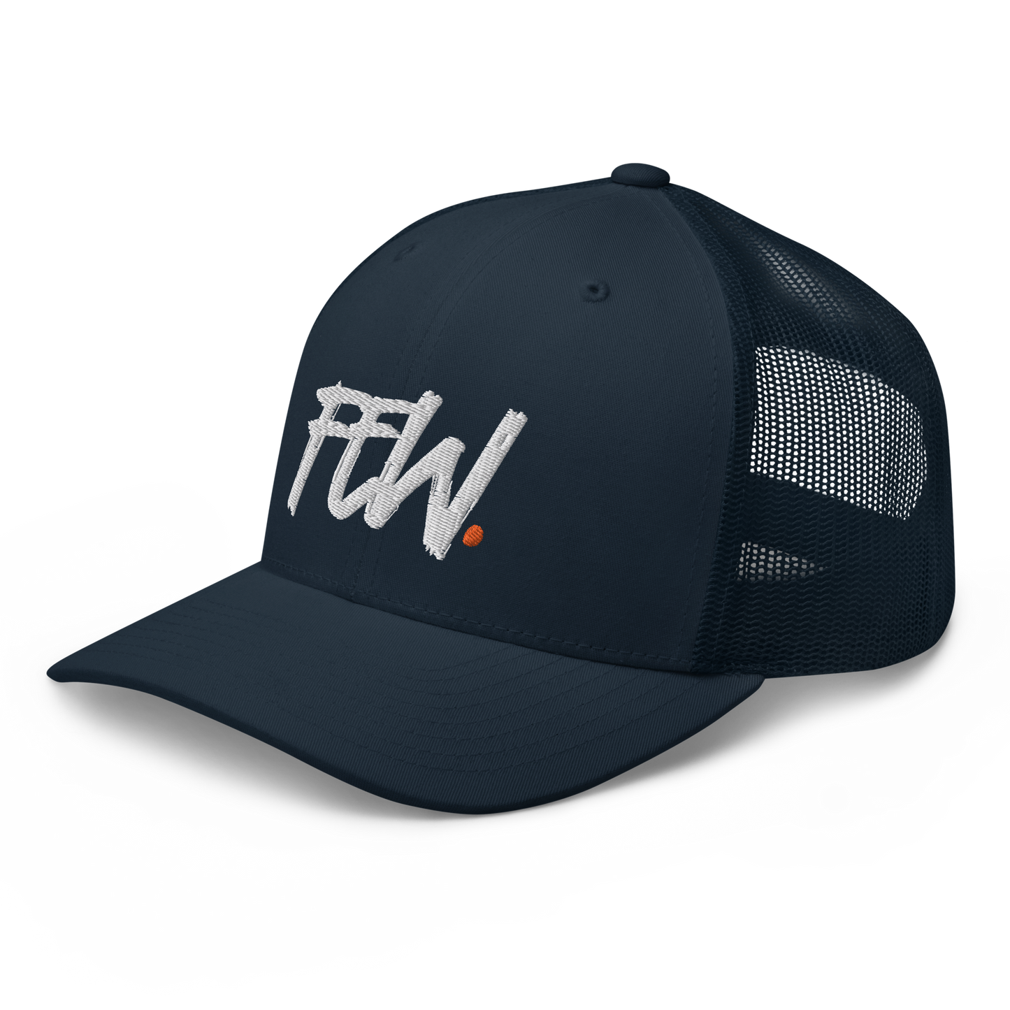 Side view of a navy blue bitcoin trucker cap.