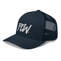 Side view of a navy blue bitcoin trucker cap.
