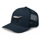 Side view of a navy blue bitcoin trucker cap.