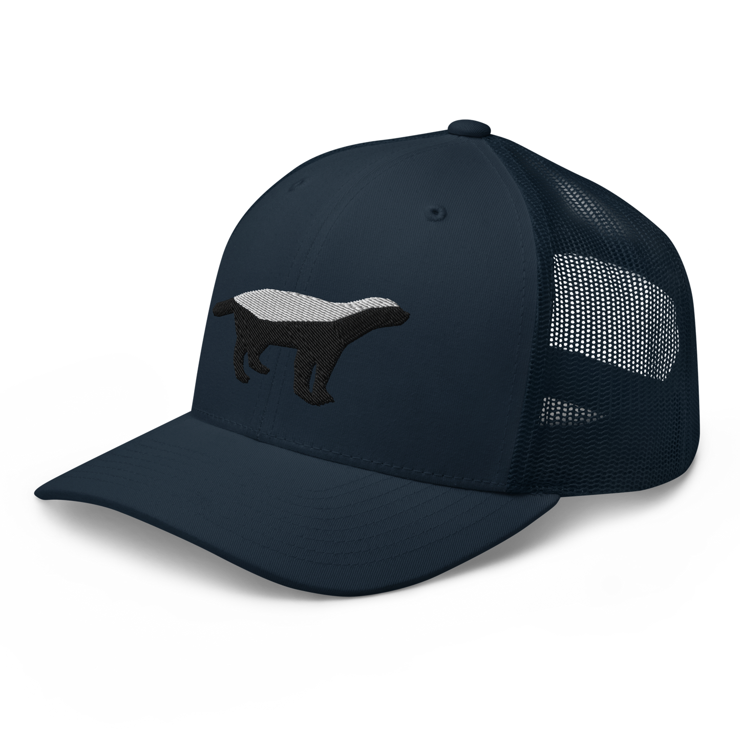 Side view of a navy blue bitcoin trucker cap.