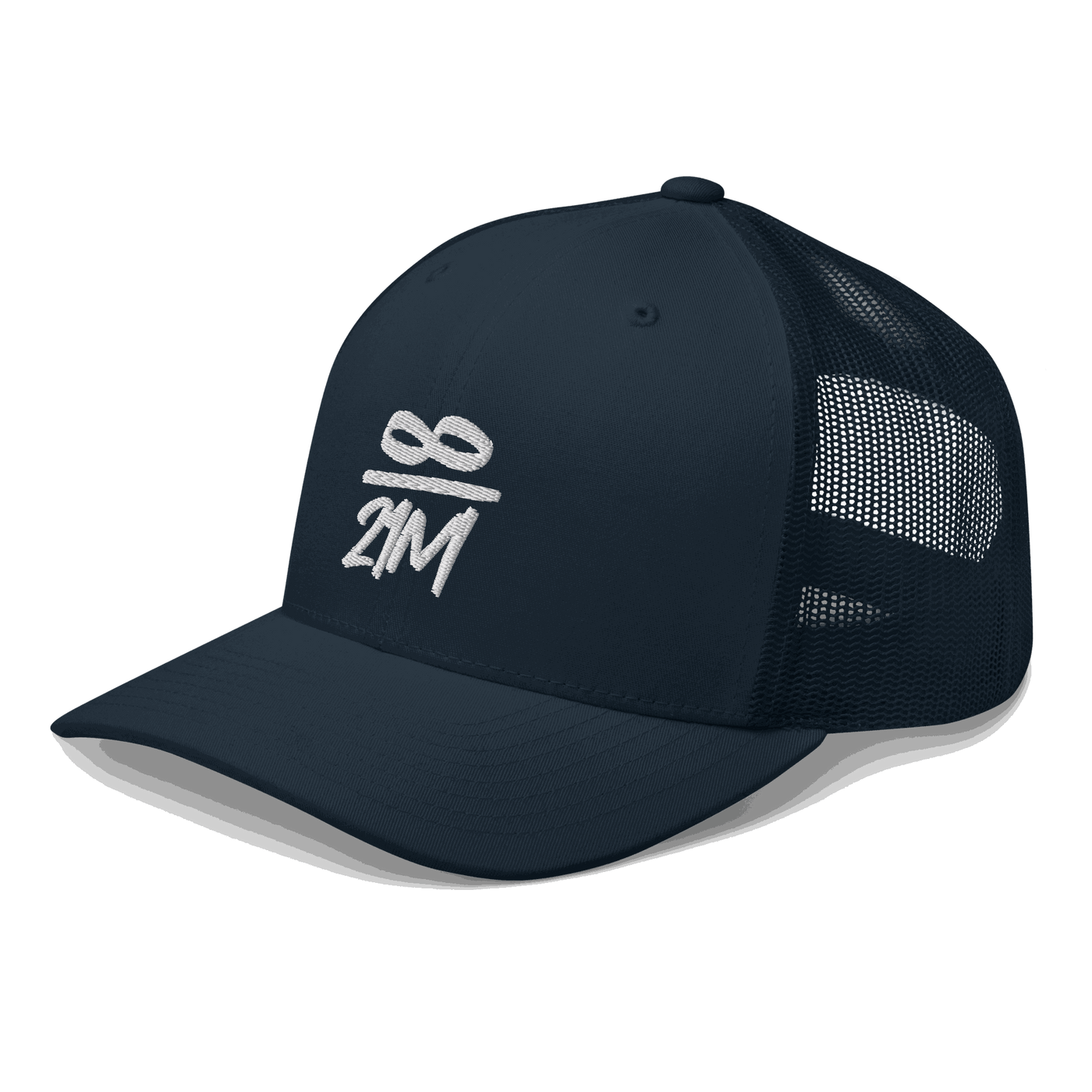 Side view of a navy blue bitcoin trucker cap.
