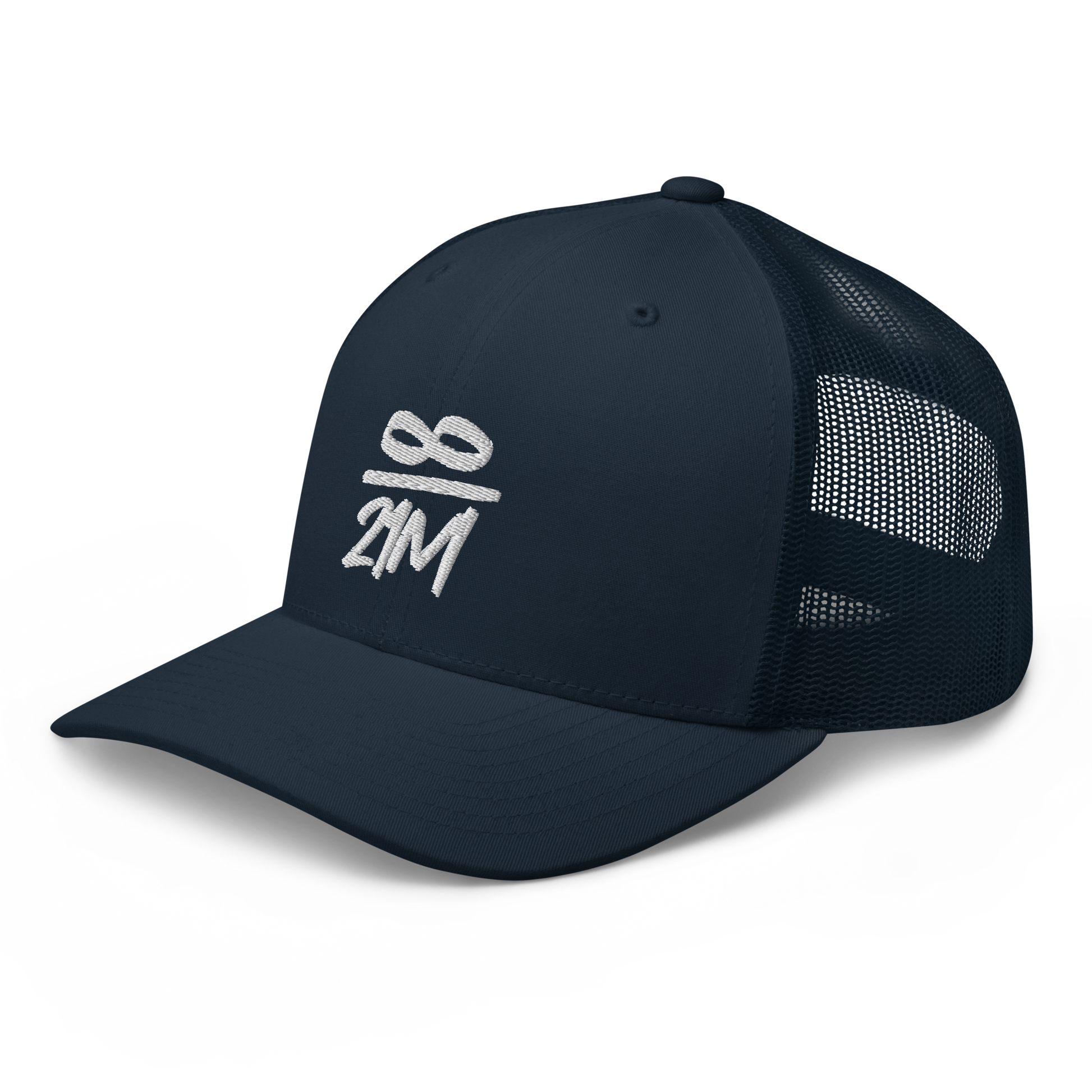 Side view of a navy blue bitcoin trucker cap.