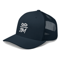 Side view of a navy blue bitcoin trucker cap.