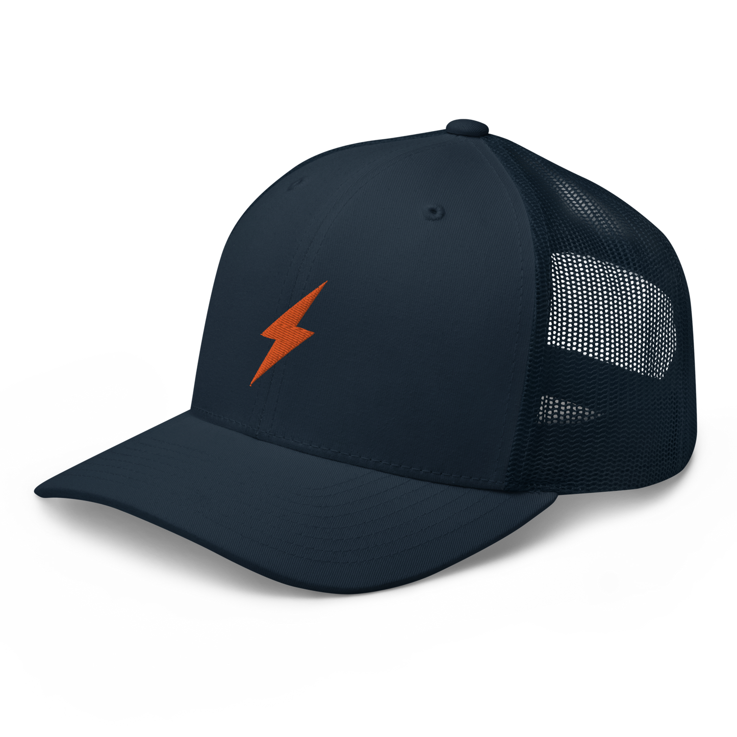 Side view of a navy blue bitcoin trucker cap.