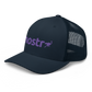 Side view of a navy blue bitcoin trucker cap.