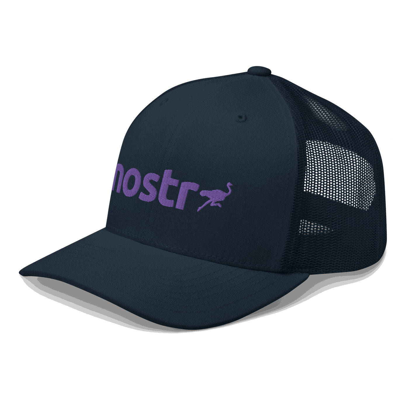 Side view of a navy blue bitcoin trucker cap.