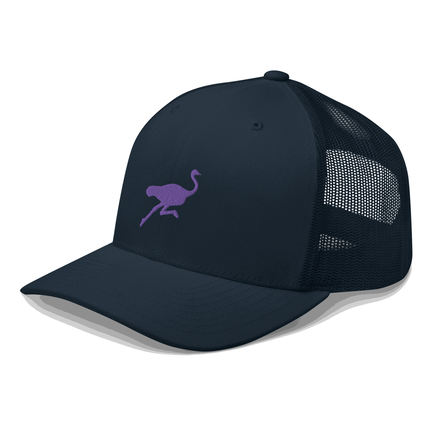 Side view of a navy blue bitcoin trucker cap.
