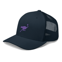 Side view of a navy blue bitcoin trucker cap.