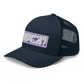 Side view of a navy blue bitcoin trucker cap.