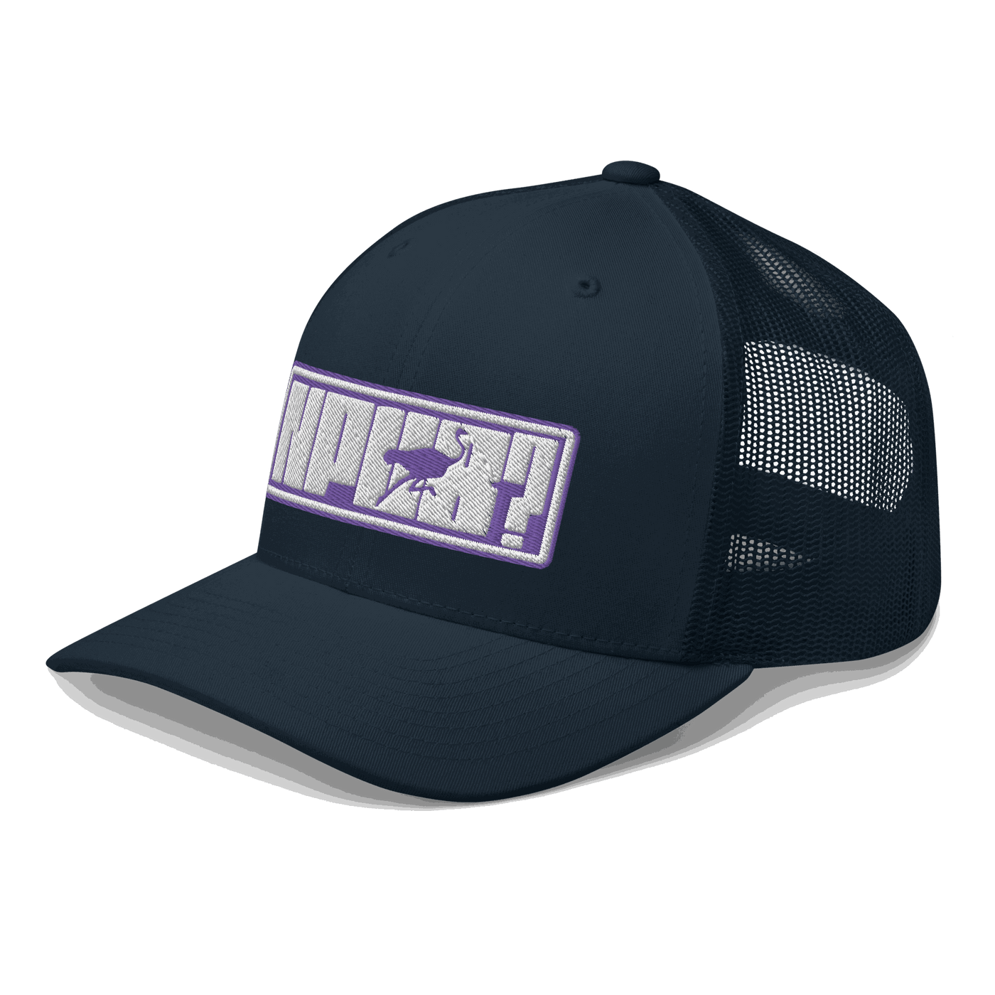 Side view of a navy blue bitcoin trucker cap.
