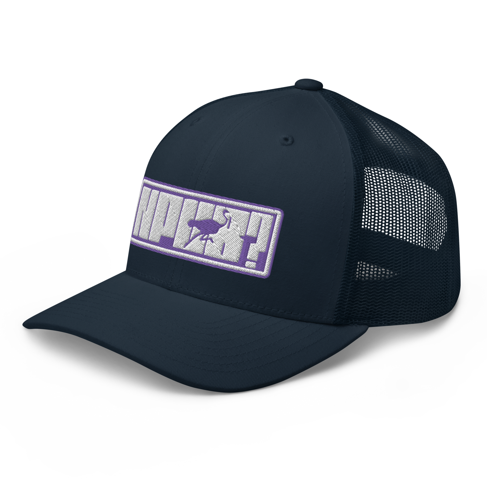 Side view of a navy blue bitcoin trucker cap.