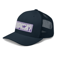 Side view of a navy blue bitcoin trucker cap.