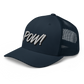 Side view of a navy blue bitcoin trucker cap.