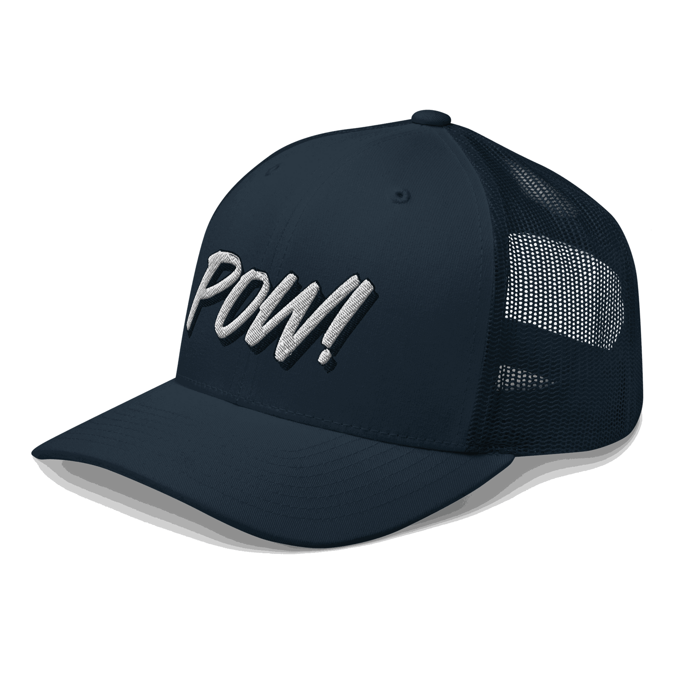 Side view of a navy blue bitcoin trucker cap.