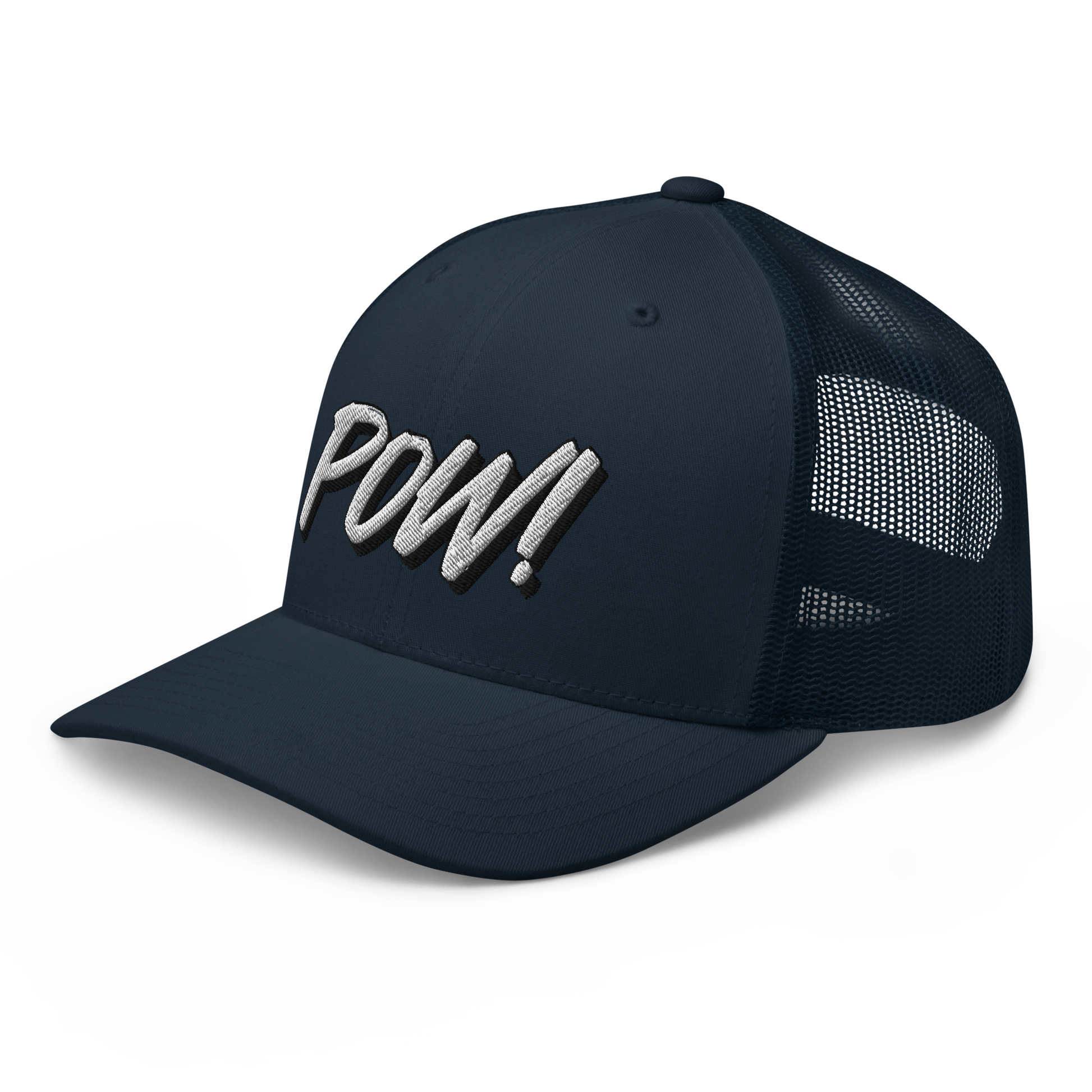 Side view of a navy blue bitcoin trucker cap.