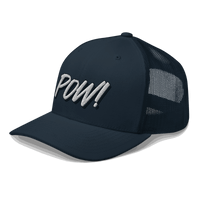 Side view of a navy blue bitcoin trucker cap.