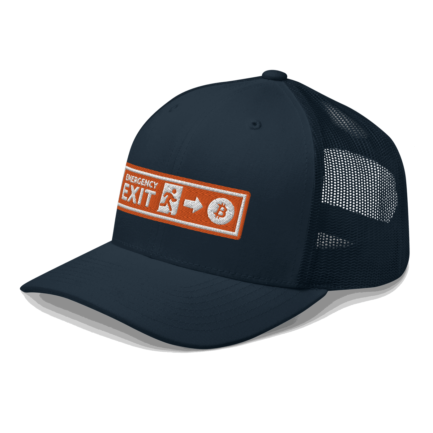 Side view of a navy blue bitcoin trucker cap.