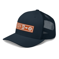 Side view of a navy blue bitcoin trucker cap.