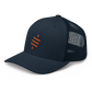 Side view of a navy blue bitcoin trucker cap.