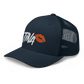 Side view of a navy blue bitcoin trucker cap.