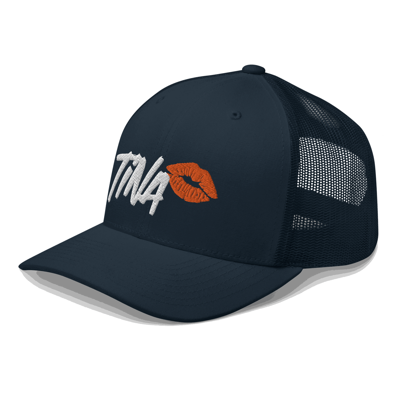 Side view of a navy blue bitcoin trucker cap.