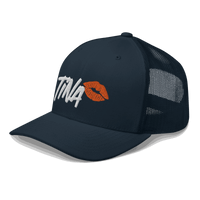 Side view of a navy blue bitcoin trucker cap.