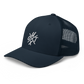 Side view of a navy blue bitcoin trucker cap.