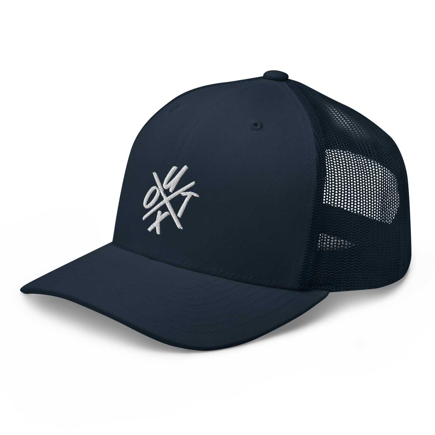 Side view of a navy blue bitcoin trucker cap.