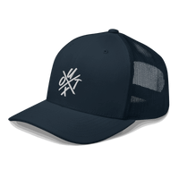 Side view of a navy blue bitcoin trucker cap.