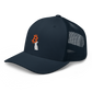 Side view of a navy blue bitcoin trucker cap.