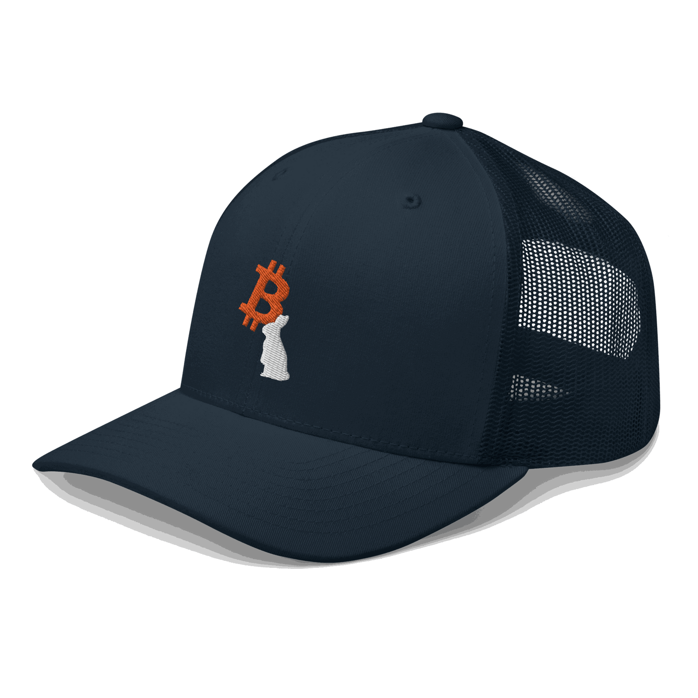Side view of a navy blue bitcoin trucker cap.