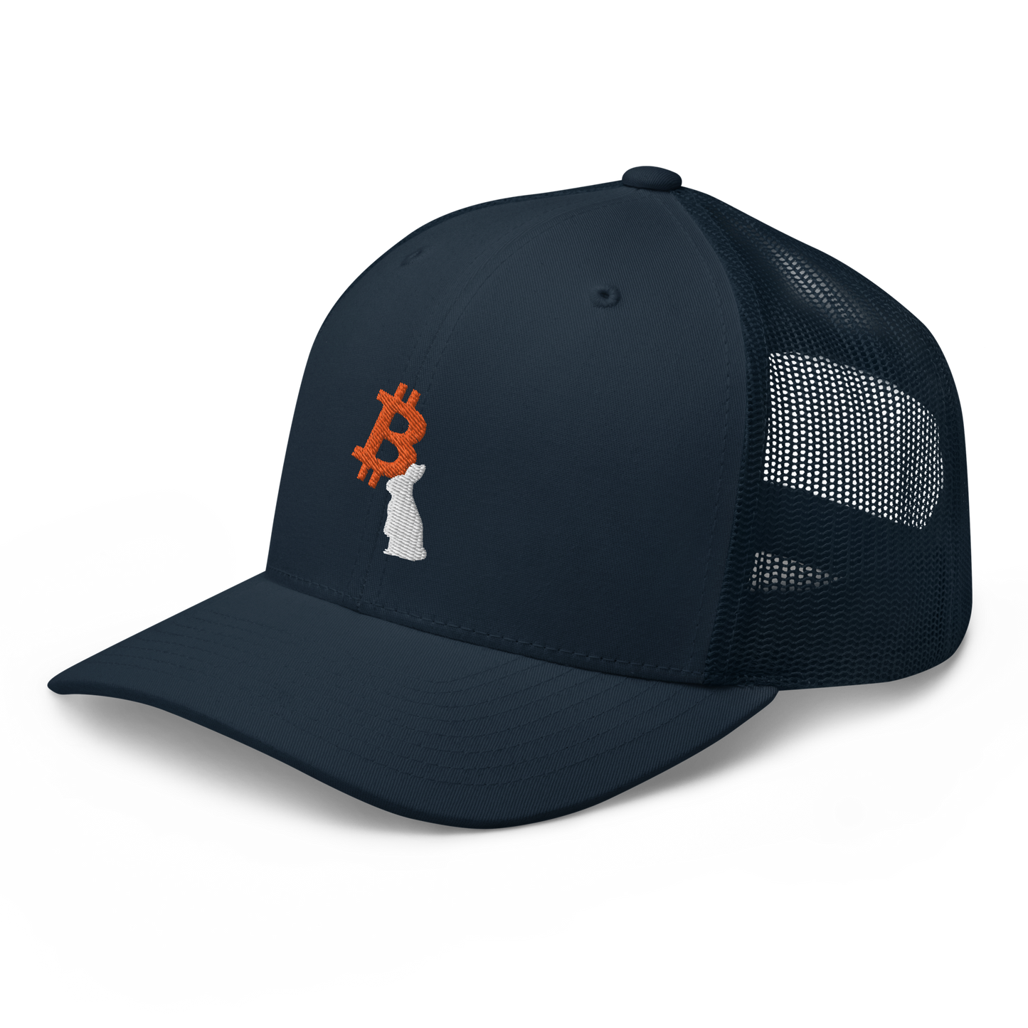 Side view of a navy blue bitcoin trucker cap.