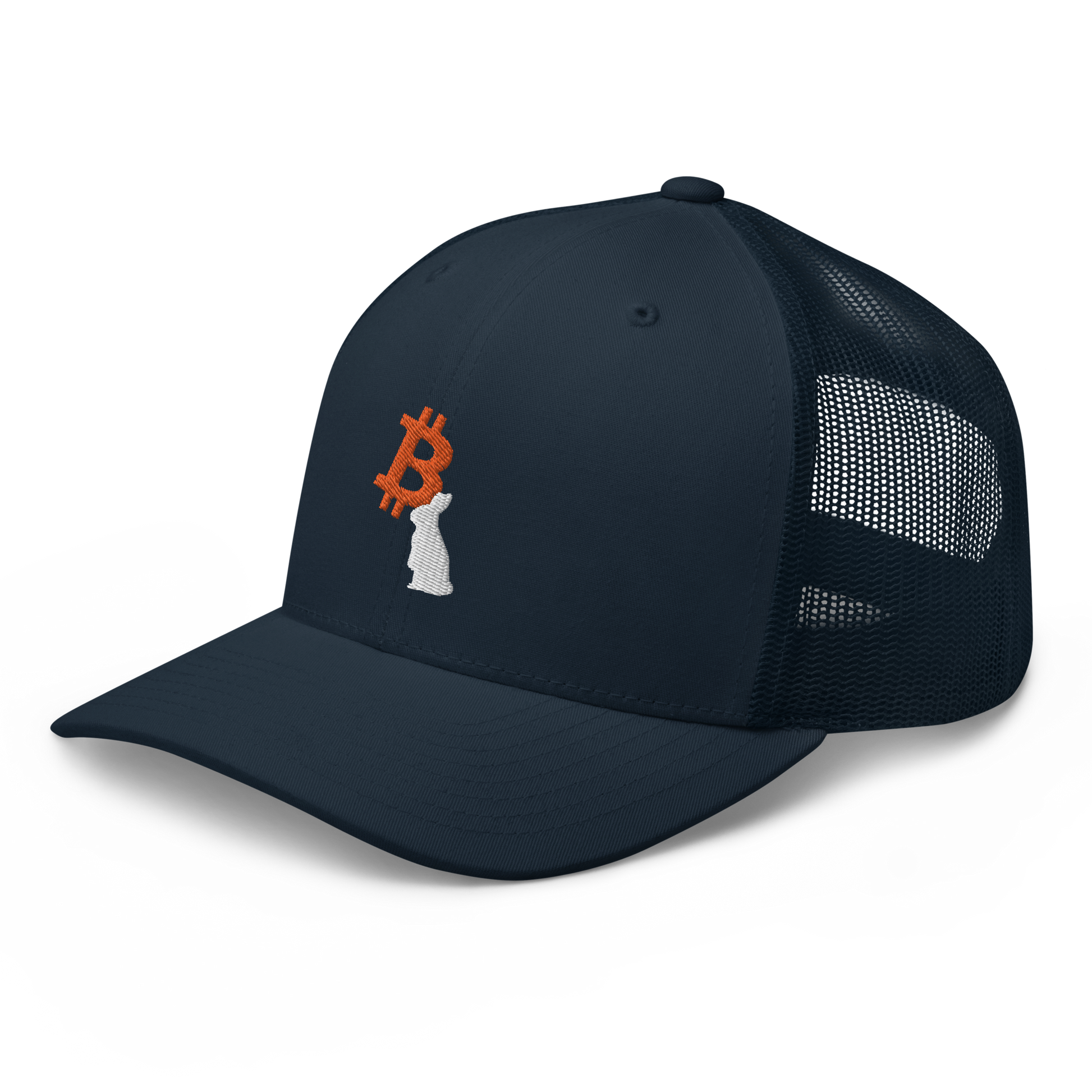 Side view of a navy blue bitcoin trucker cap.