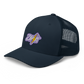 Side view of a navy blue bitcoin trucker cap.