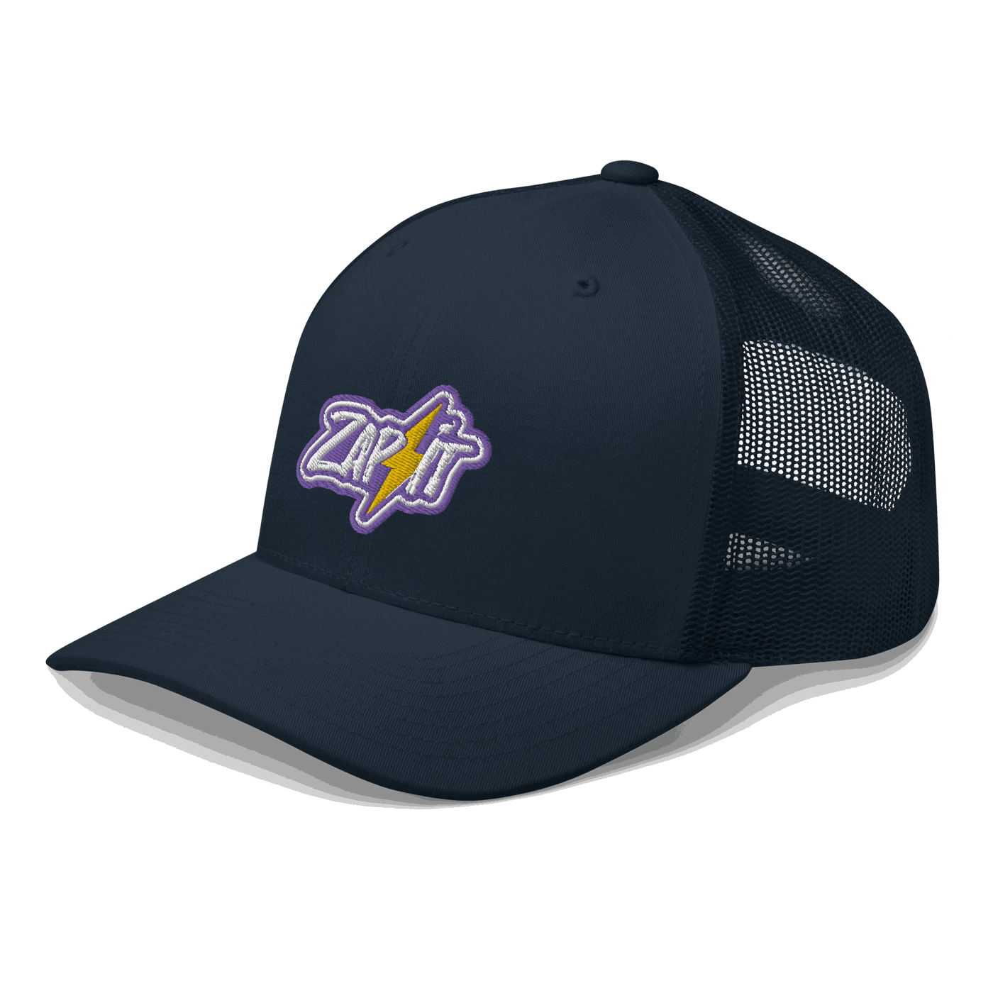 Side view of a navy blue bitcoin trucker cap.