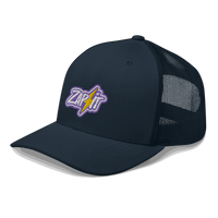 Side view of a navy blue bitcoin trucker cap.