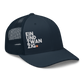 Side view of a navy blue bitcoin trucker cap.