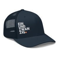 Black Einundzwanzig Bitcoin trucker cap with mesh back and embroidered logo