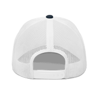 Back view of a navy blue and white bitcoin trucker cap.