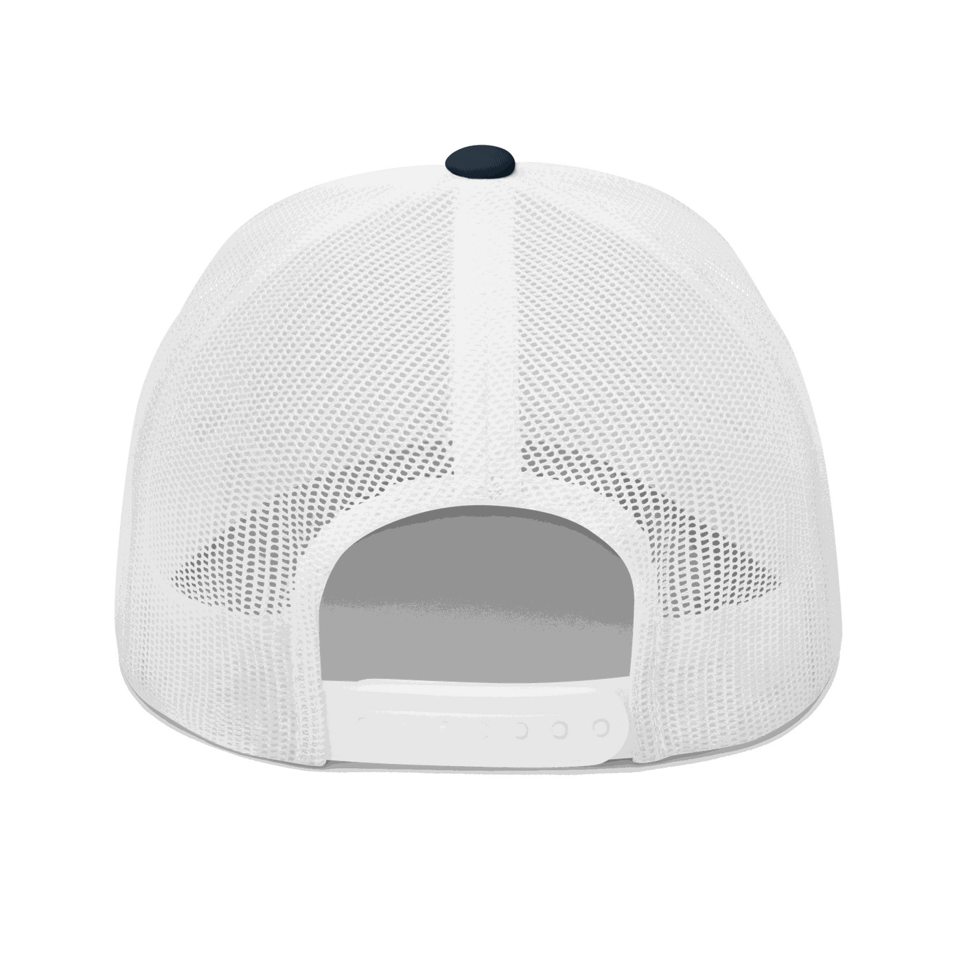 Back view of a navy blue and white bitcoin trucker cap.