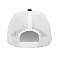 Sats symbol bitcoin trucker cap in Navy/ White, back view.