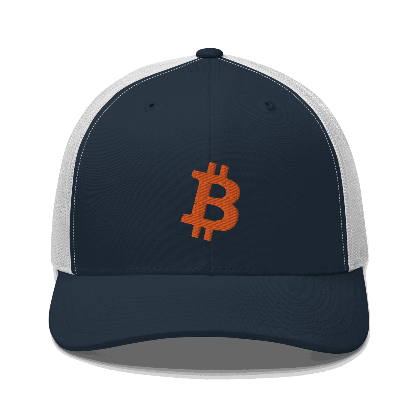 Front view of a navy blue and white bitcoin trucker cap.