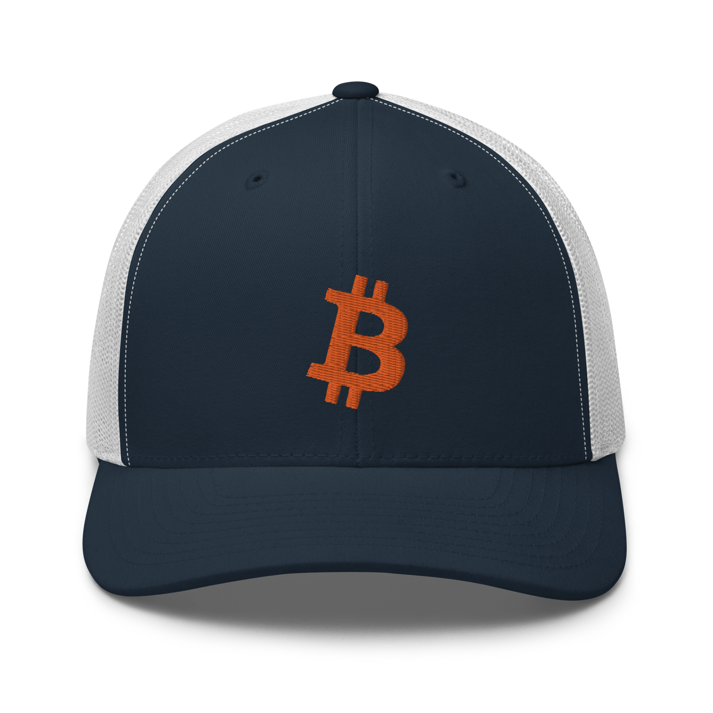 Front view of a navy blue and white bitcoin trucker cap.