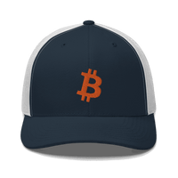 Front view of a navy blue and white bitcoin trucker cap.