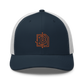 Front view of a navy blue and white bitcoin trucker cap.